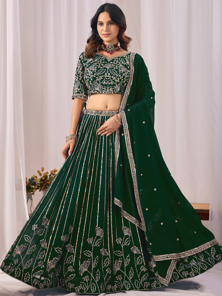 Classic Green Sequins Georgette Mehendi Wear Lehenga Choli With Dupatta
