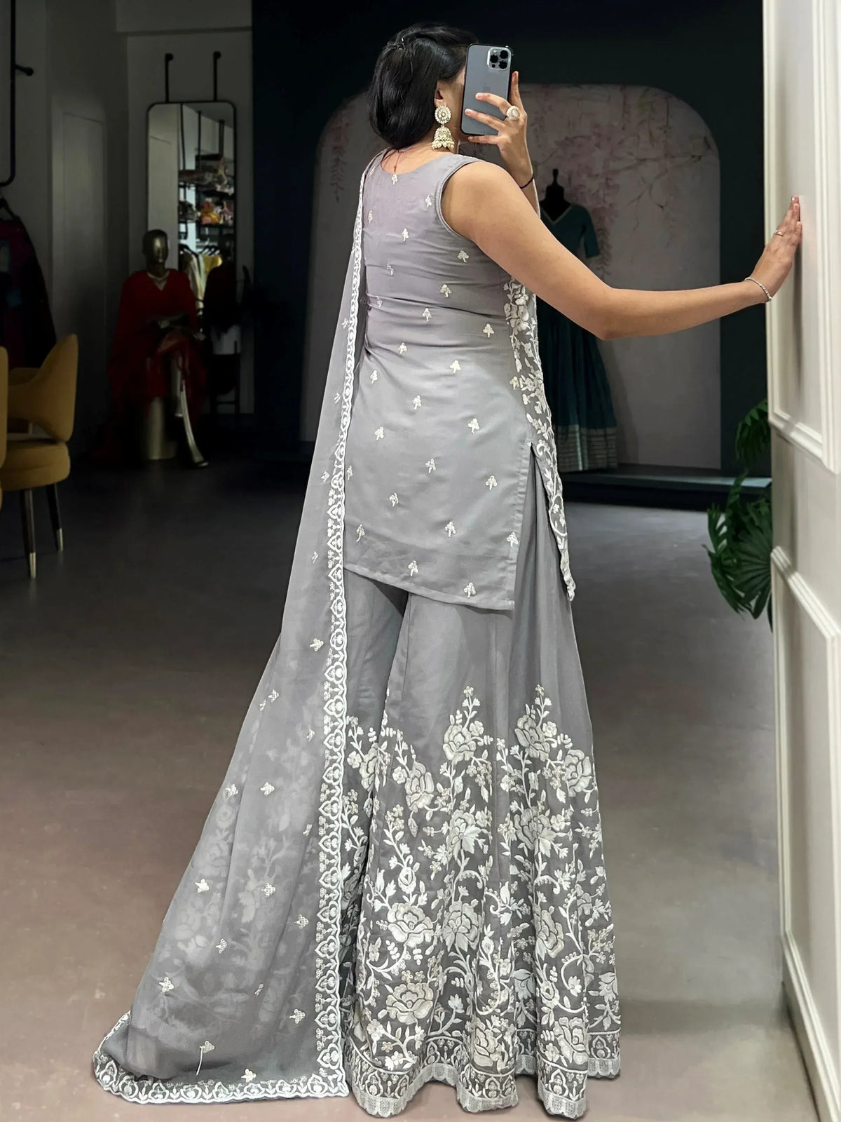 Grey embroidered palazzo suit with floral dupatta, Indian ethnic wear for women