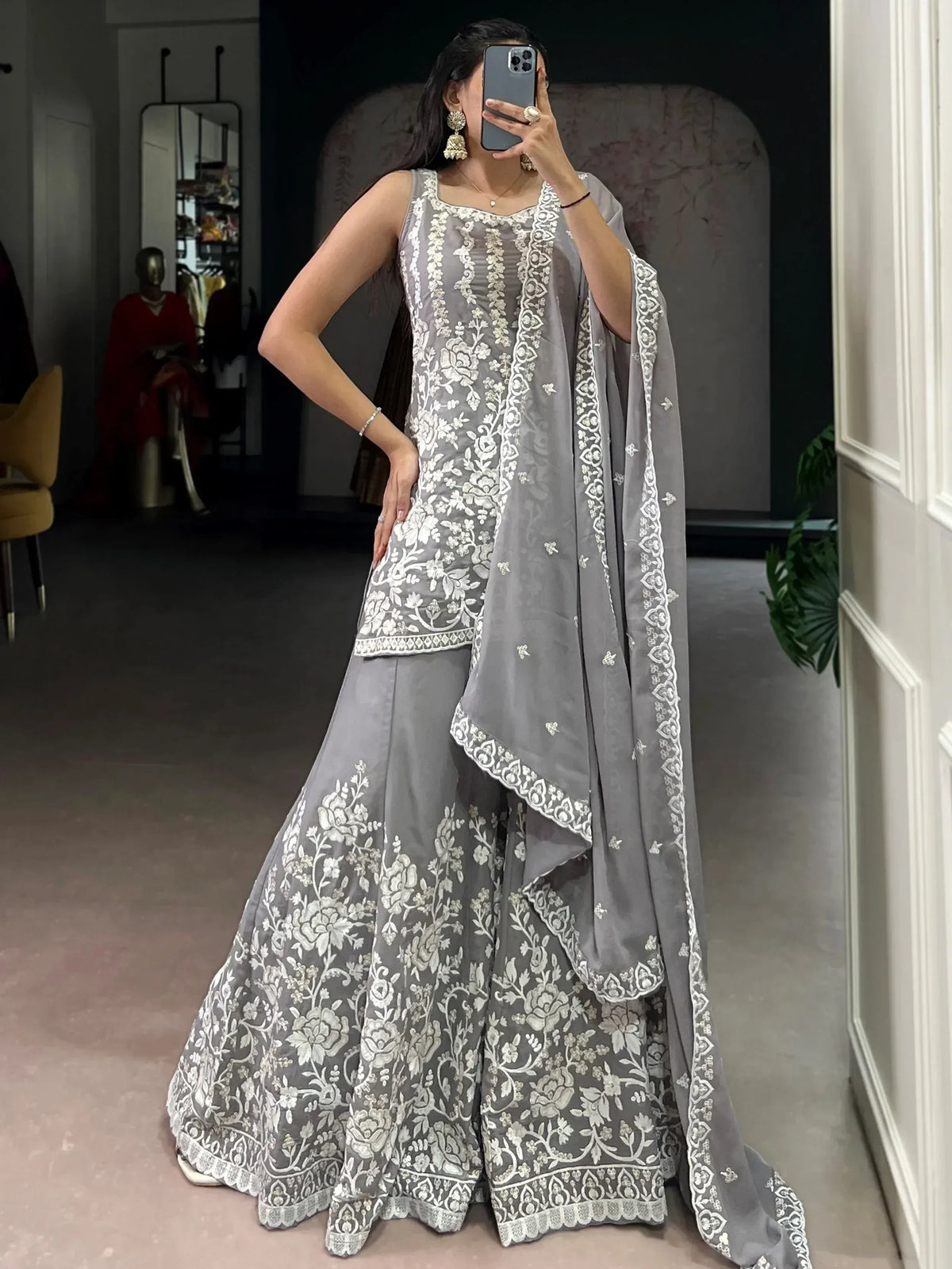 Grey floral embroidered salwar kameez with matching dupatta, elegant Indian ethnic wear
