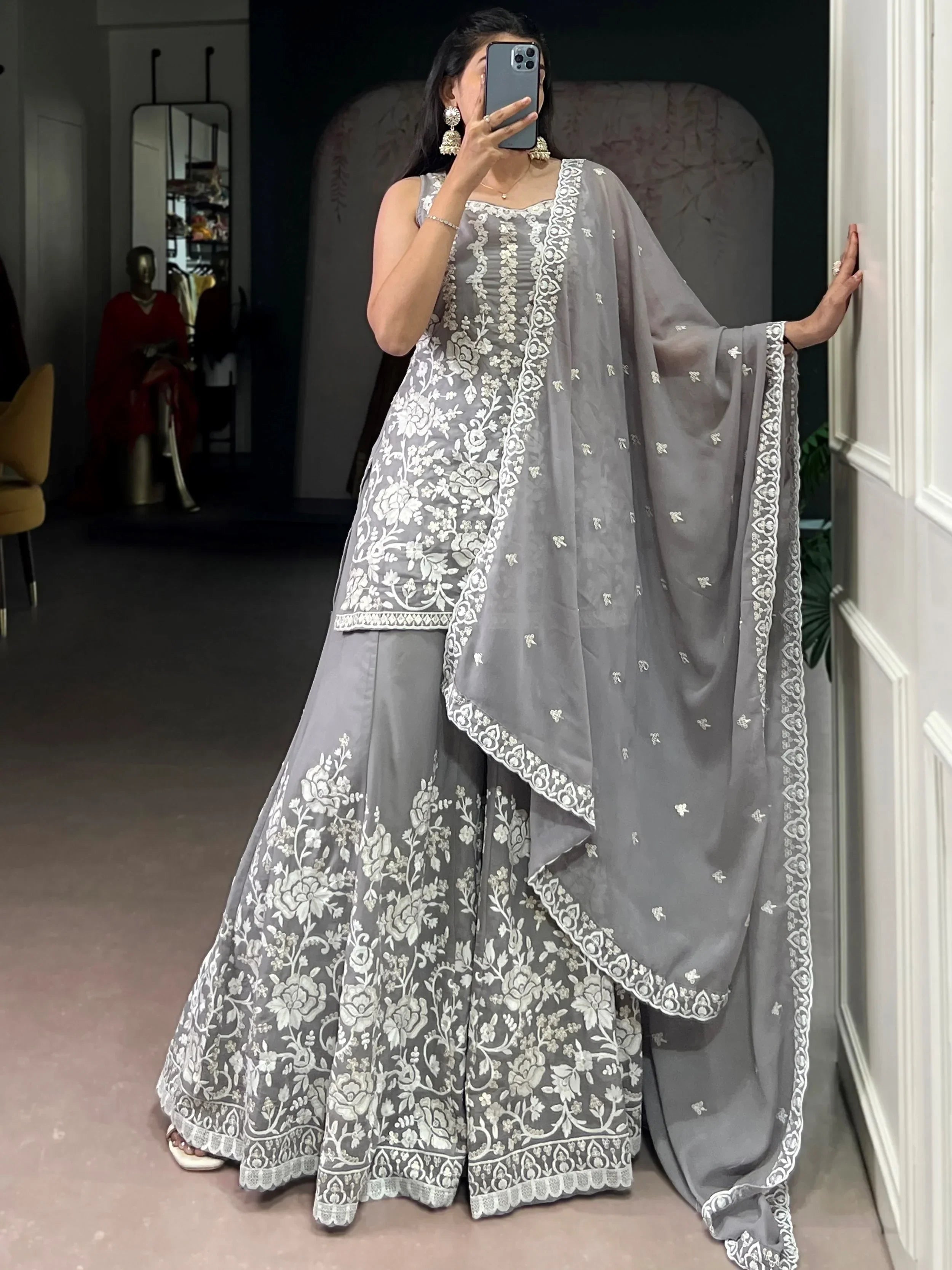 Lovely Grey Embroidered Georgette Festive Wear Short Kurti With Palazzo