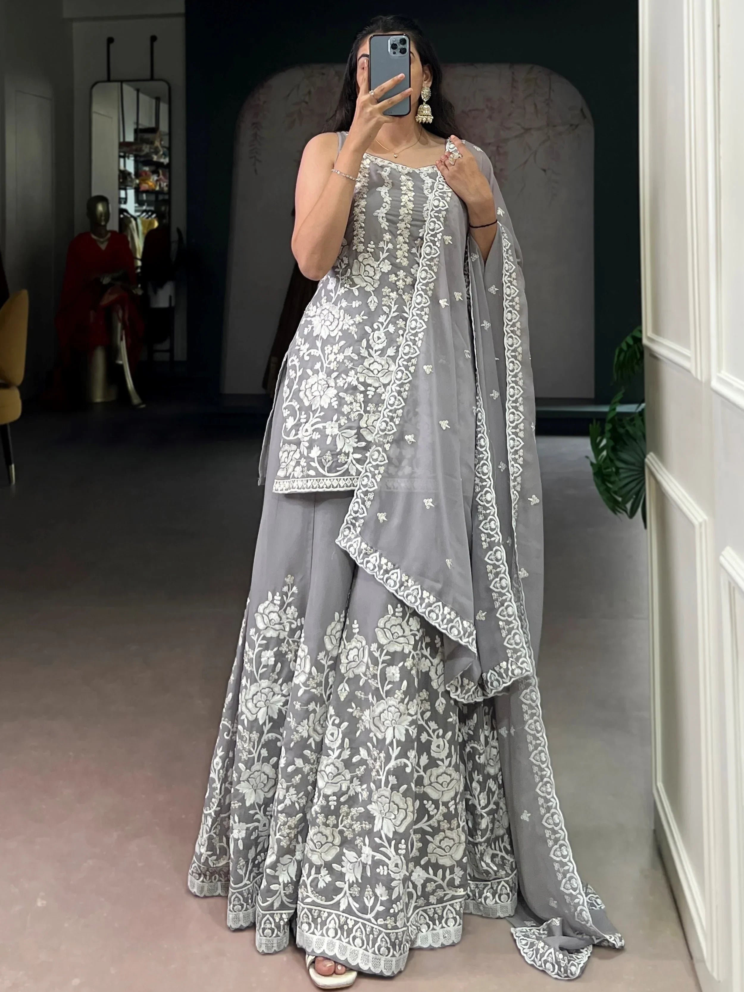 Lovely Grey Embroidered Georgette Festive Wear Short Kurti With Palazzo