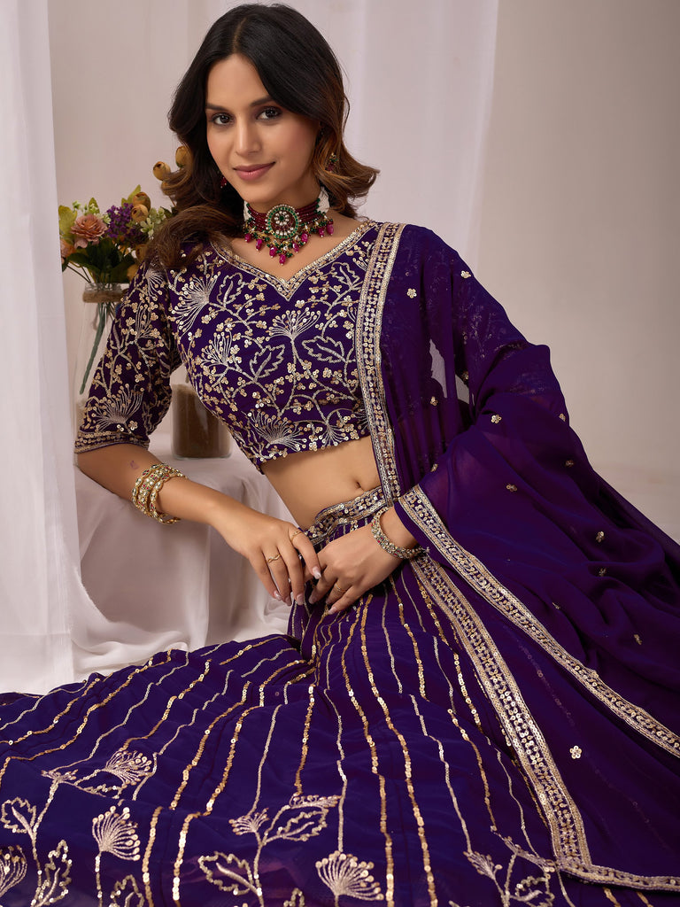 Stupendous Purple Sequins Georgette Reception Wear Lehenga Choli