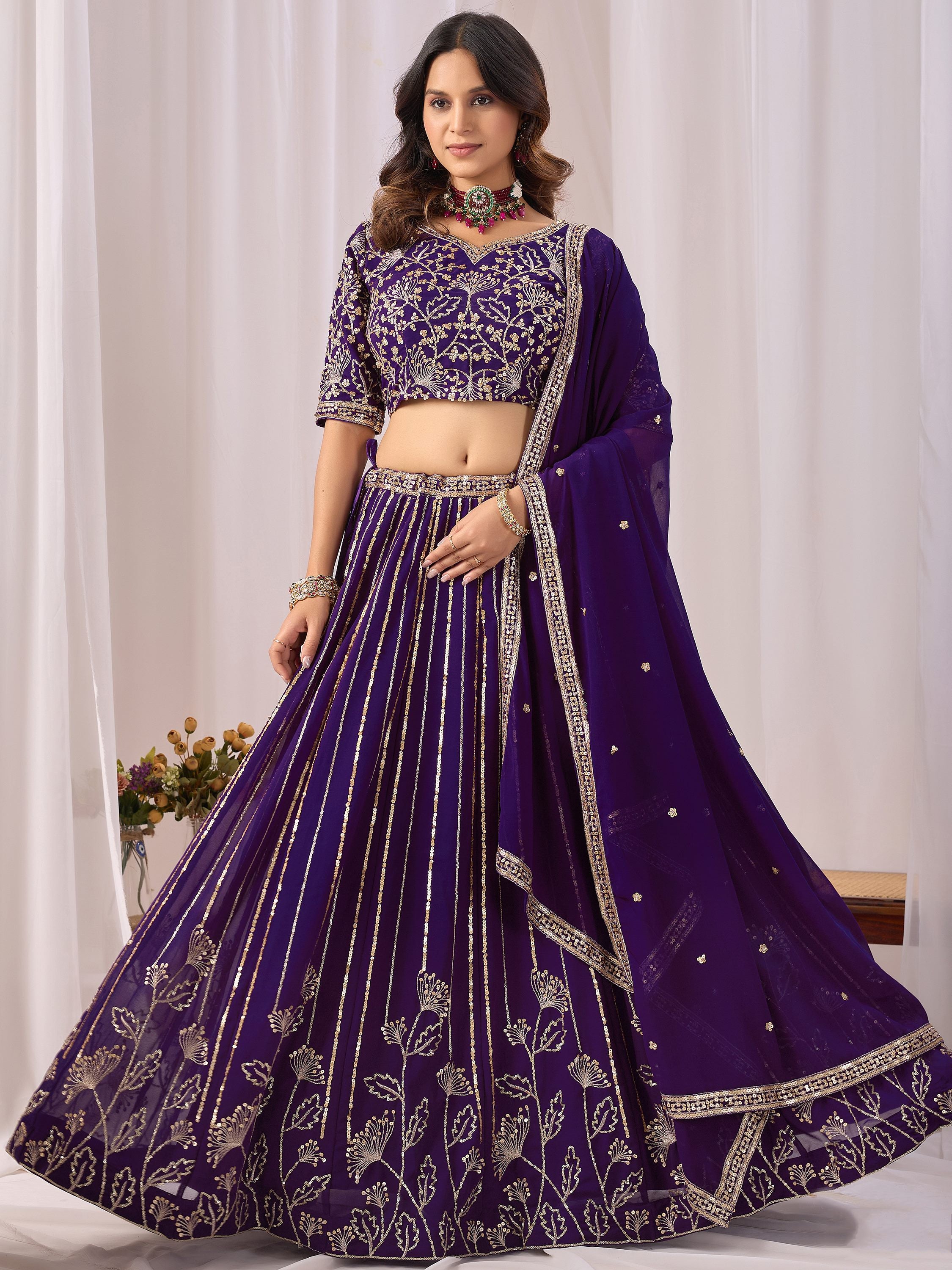Stupendous Purple Sequins Georgette Reception Wear Lehenga Choli