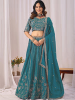 Amazing Teal Blue Embroidered Georgette Sangeet Wear Lehenga Choli