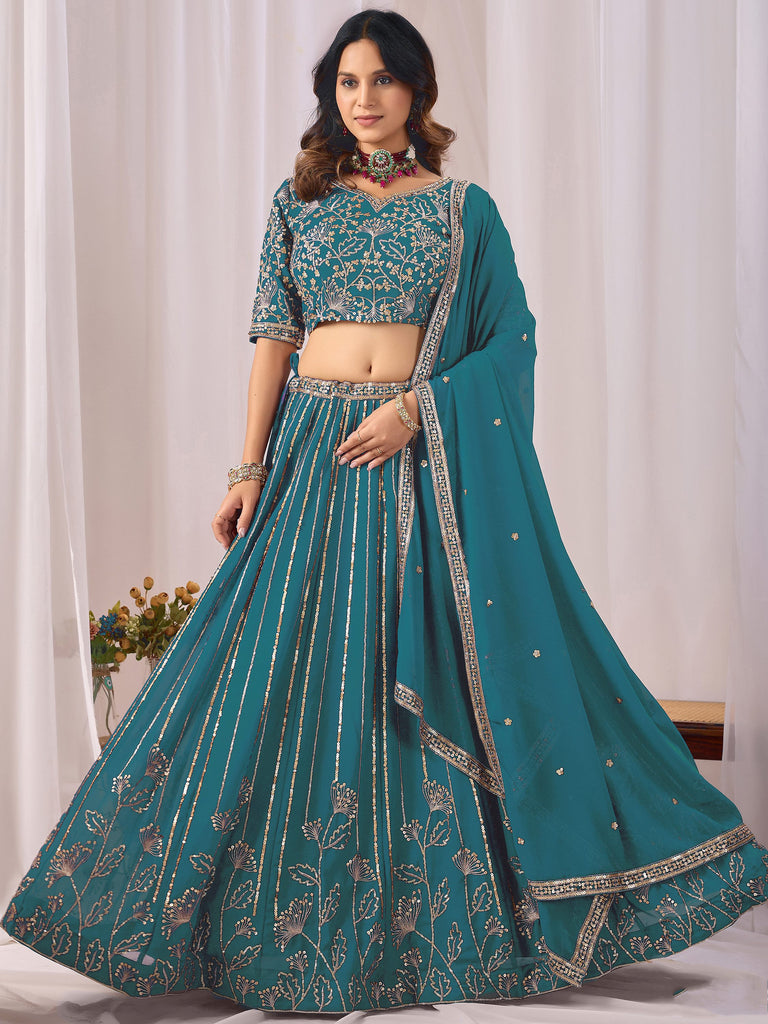Amazing Teal Blue Embroidered Georgette Sangeet Wear Lehenga Choli