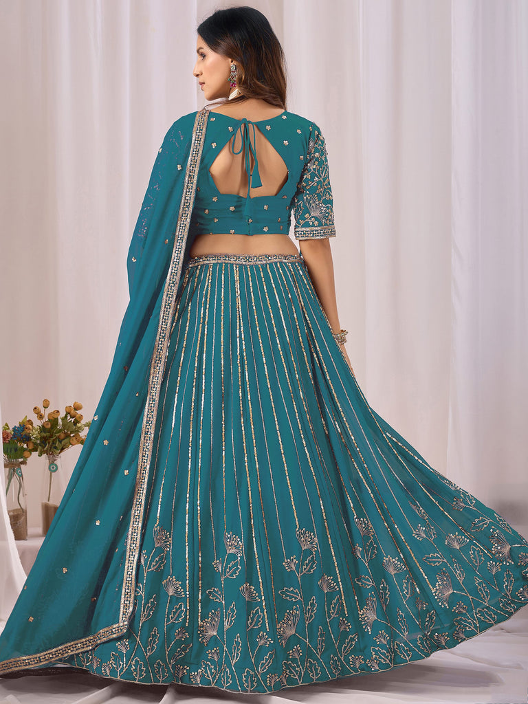 Amazing Teal Blue Embroidered Georgette Sangeet Wear Lehenga Choli
