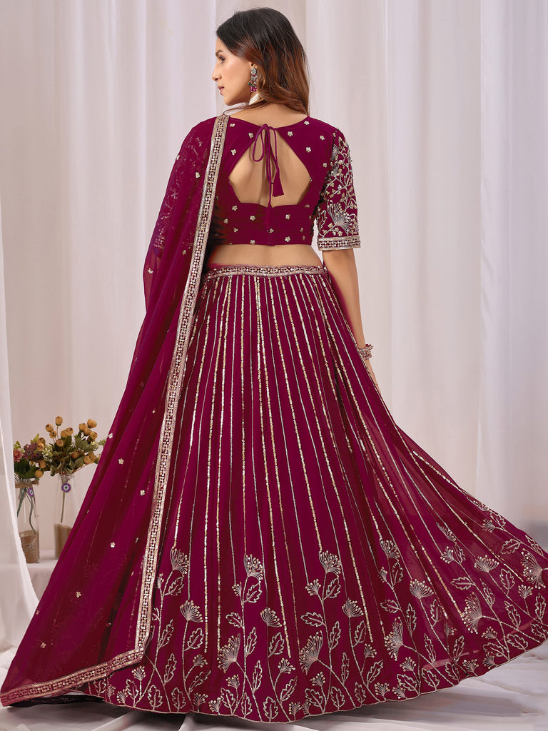 Phenomenal Maroon Sequins Georgette Wedding Wear Lehenga With Blouse