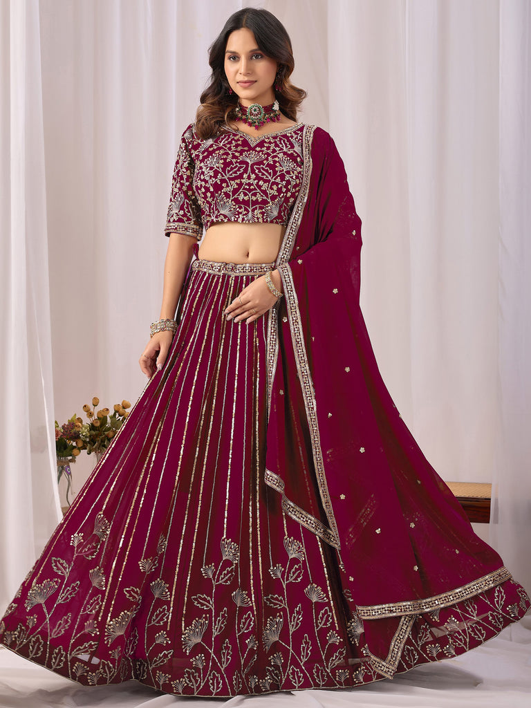 Phenomenal Maroon Sequins Georgette Wedding Wear Lehenga With Blouse
