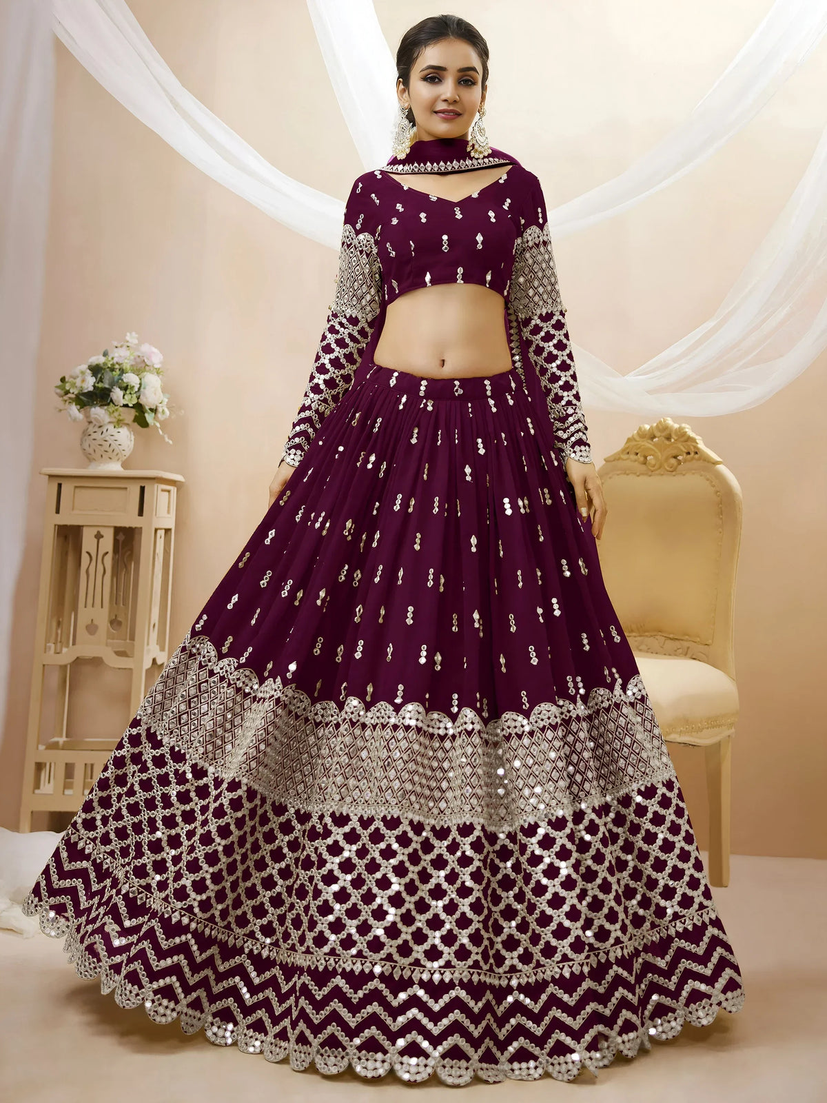 Gorgeous Wine Sequins Georgette Sangeet Wear Lehenga Choli