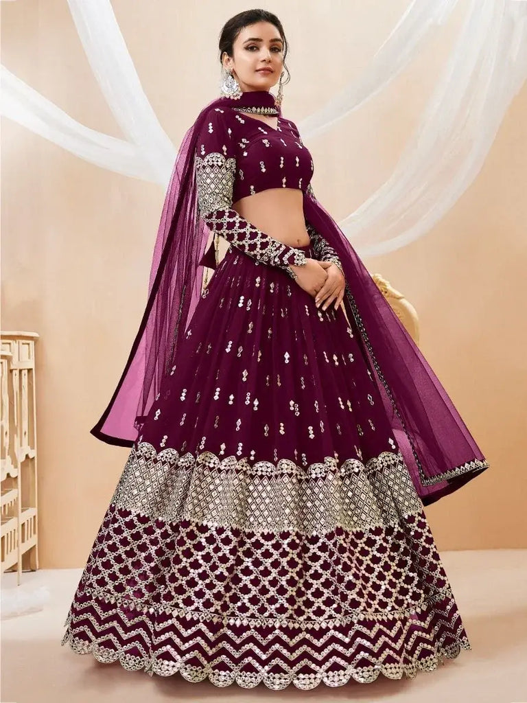 Gorgeous Wine Sequins Georgette Sangeet Wear Lehenga Choli