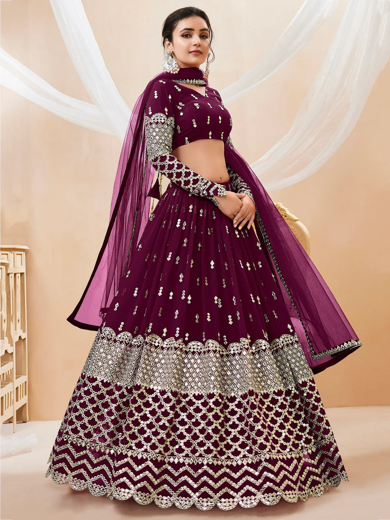 Gorgeous Wine Sequins Georgette Sangeet Wear Lehenga Choli