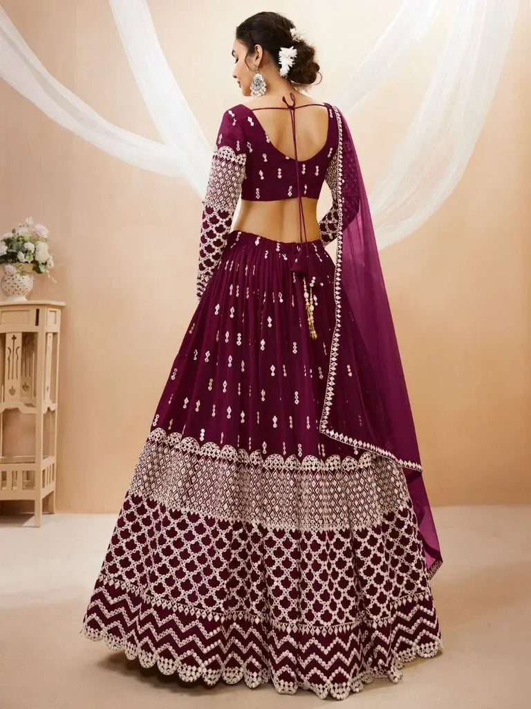 Gorgeous Wine Sequins Georgette Sangeet Wear Lehenga Choli