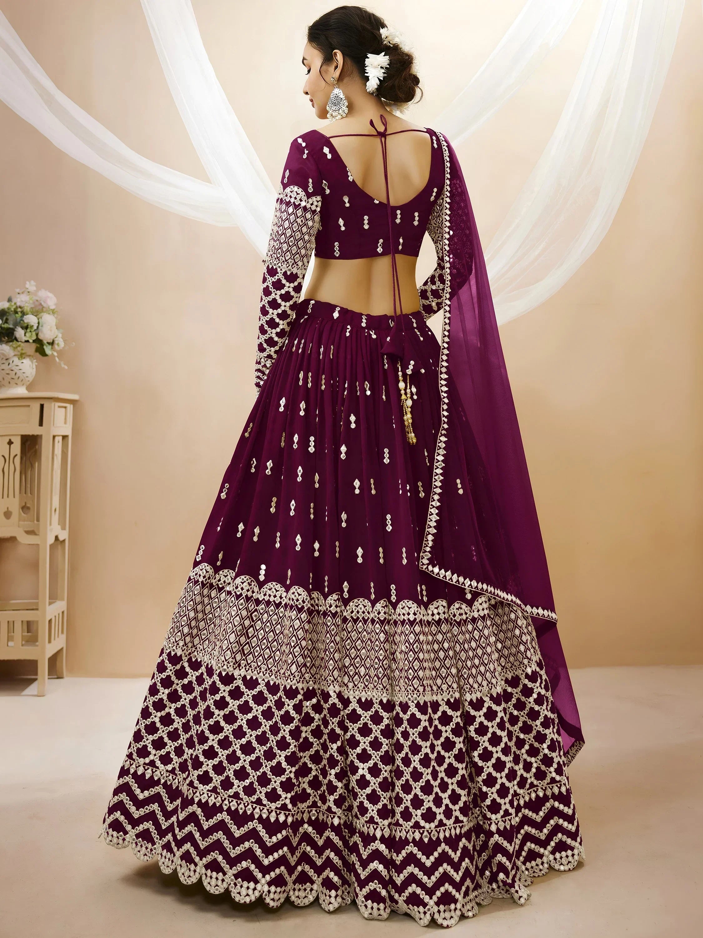 Gorgeous Wine Sequins Georgette Sangeet Wear Lehenga Choli
