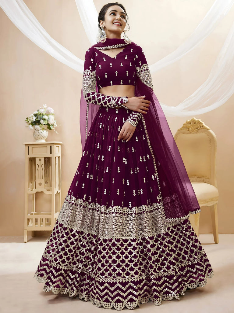 Gorgeous Wine Sequins Georgette Sangeet Wear Lehenga Choli