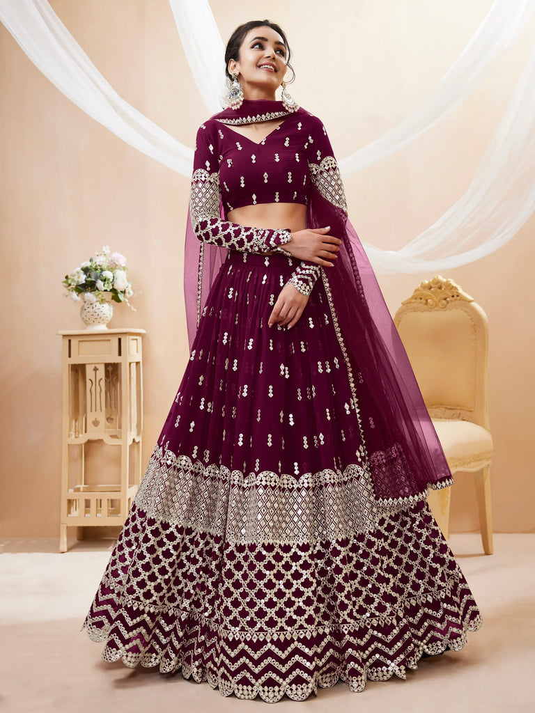 Gorgeous Wine Sequins Georgette Sangeet Wear Lehenga Choli