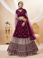 Gorgeous Wine Sequins Georgette Sangeet Wear Lehenga Choli