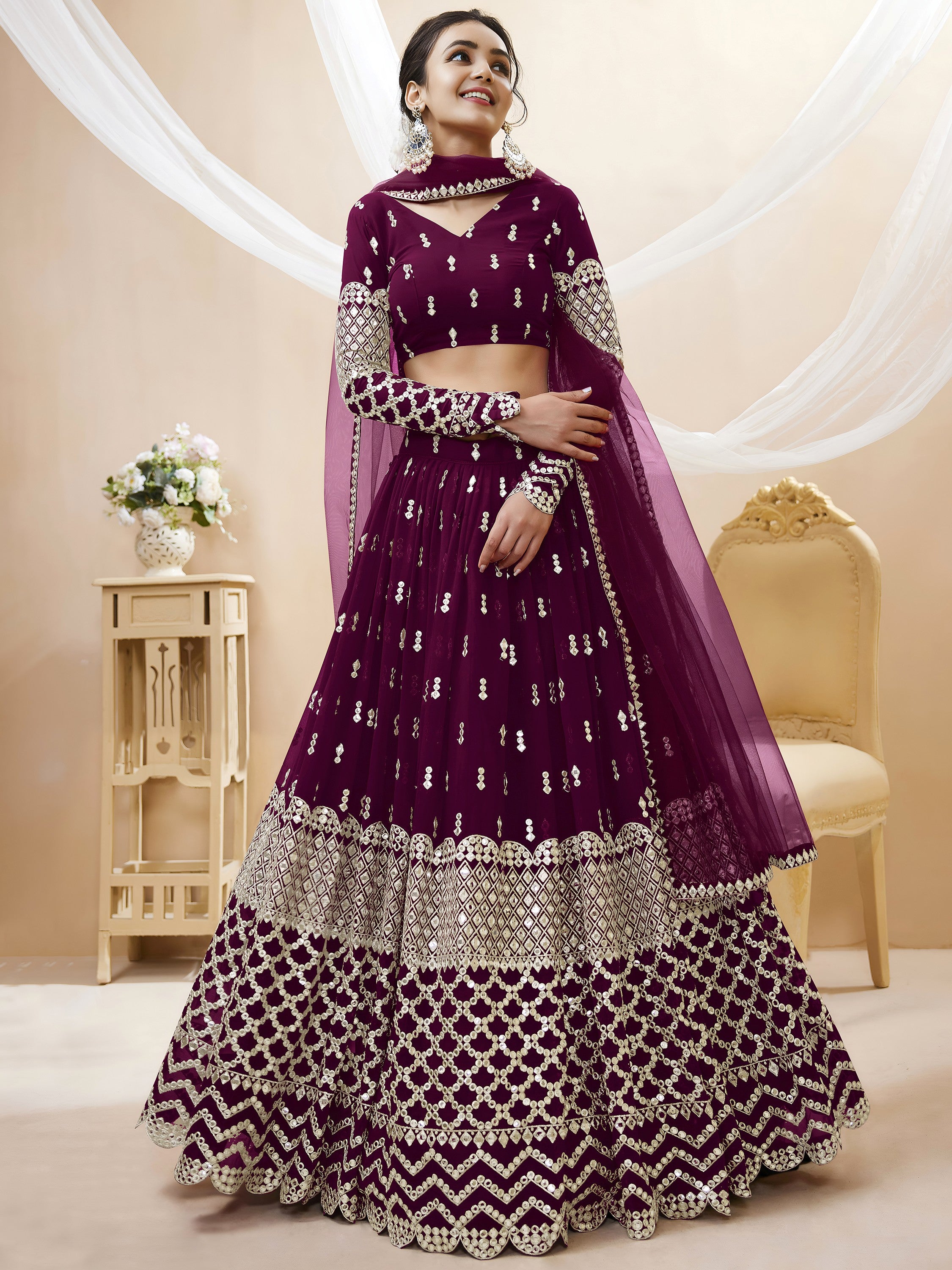 Artistic Wine Mirror Work Georgette Readymade Plus Size Lehenga Choli