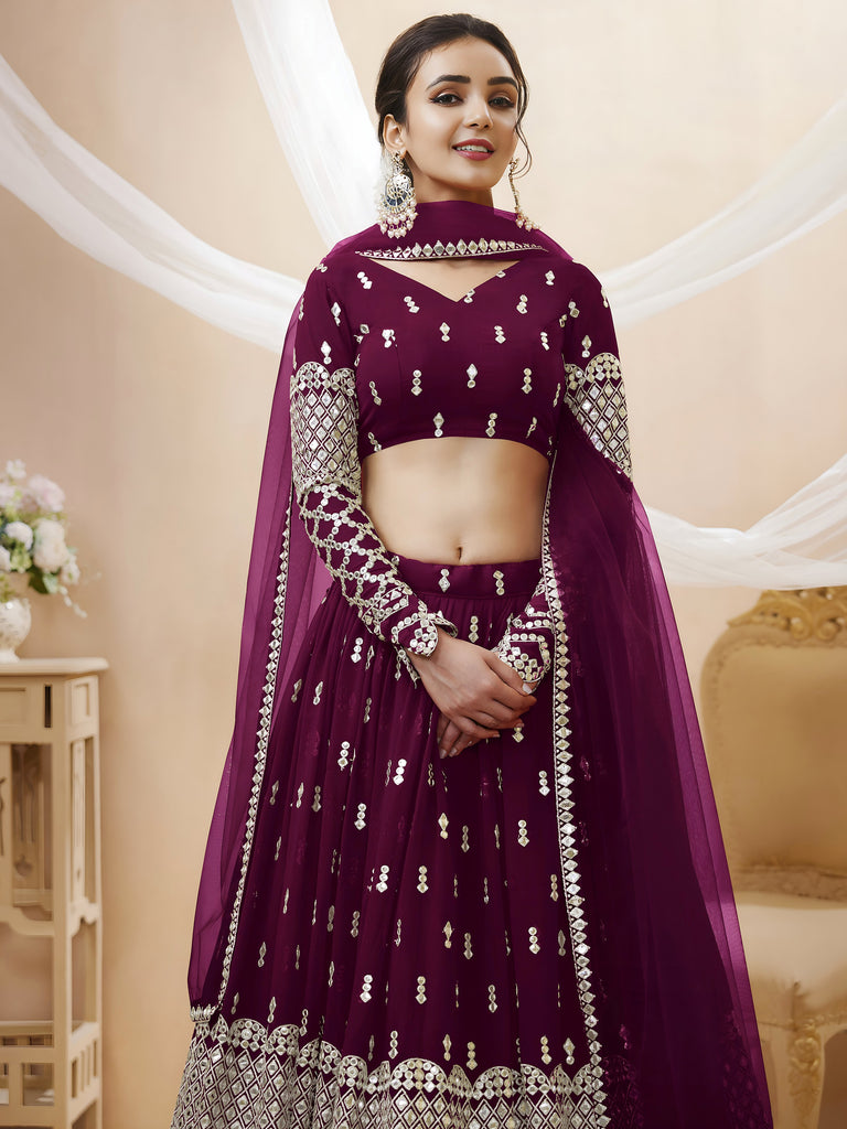 Artistic Wine Mirror Work Georgette Readymade Plus Size Lehenga Choli