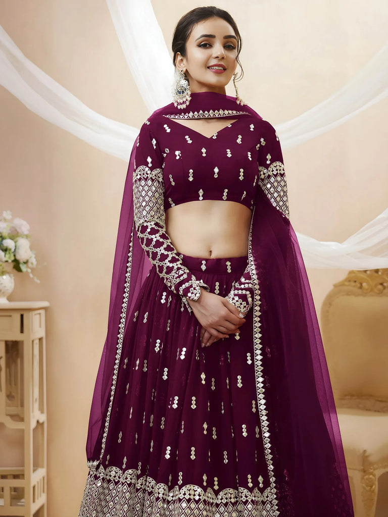 Gorgeous Wine Sequins Georgette Sangeet Wear Lehenga Choli