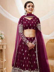 Gorgeous Wine Sequins Georgette Sangeet Wear Lehenga Choli