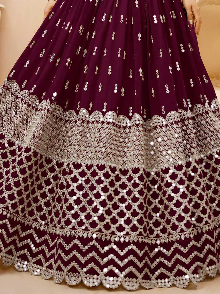 Gorgeous Wine Sequins Georgette Sangeet Wear Lehenga Choli
