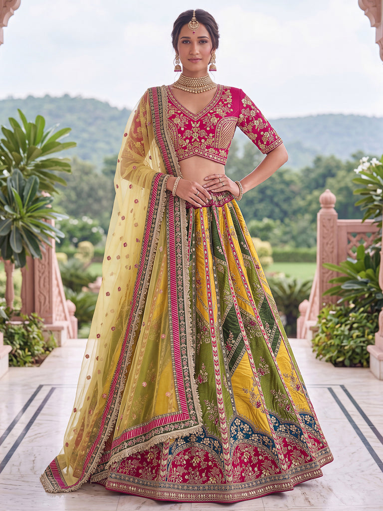 Notable Multi-Color Patch Work Silk Wedding Wear Lehenga Choli