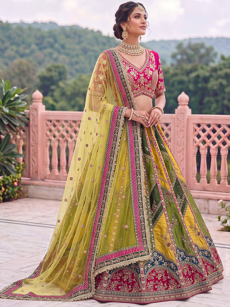 Notable Multi-Color Patch Work Silk Wedding Wear Lehenga Choli