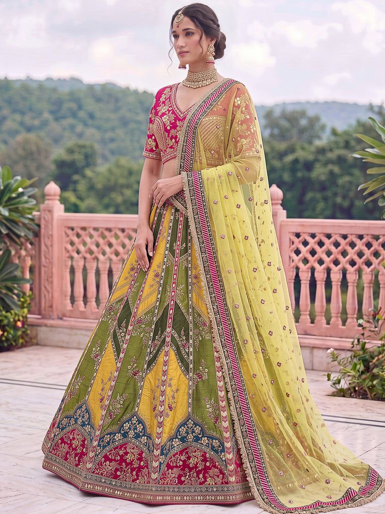 Notable Multi-Color Patch Work Silk Wedding Wear Lehenga Choli