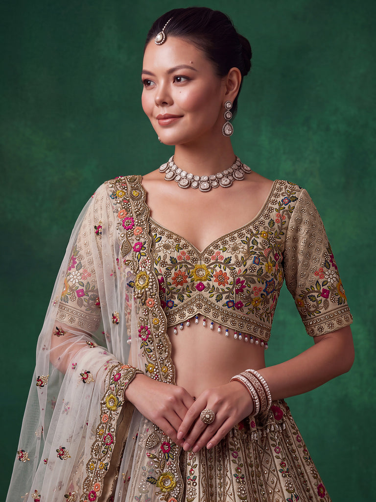 Royal Cream Thread Work Silk Wedding Wear Lehenga Choli With Dupatta