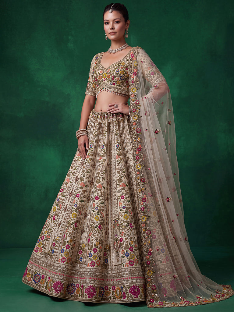 Royal Cream Thread Work Silk Wedding Wear Lehenga Choli With Dupatta