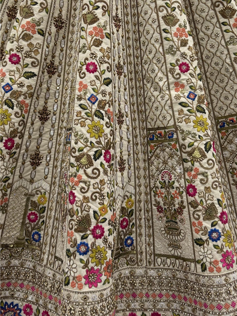 Royal Cream Thread Work Silk Wedding Wear Lehenga Choli With Dupatta