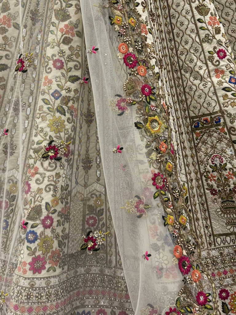 Royal Cream Thread Work Silk Wedding Wear Lehenga Choli With Dupatta