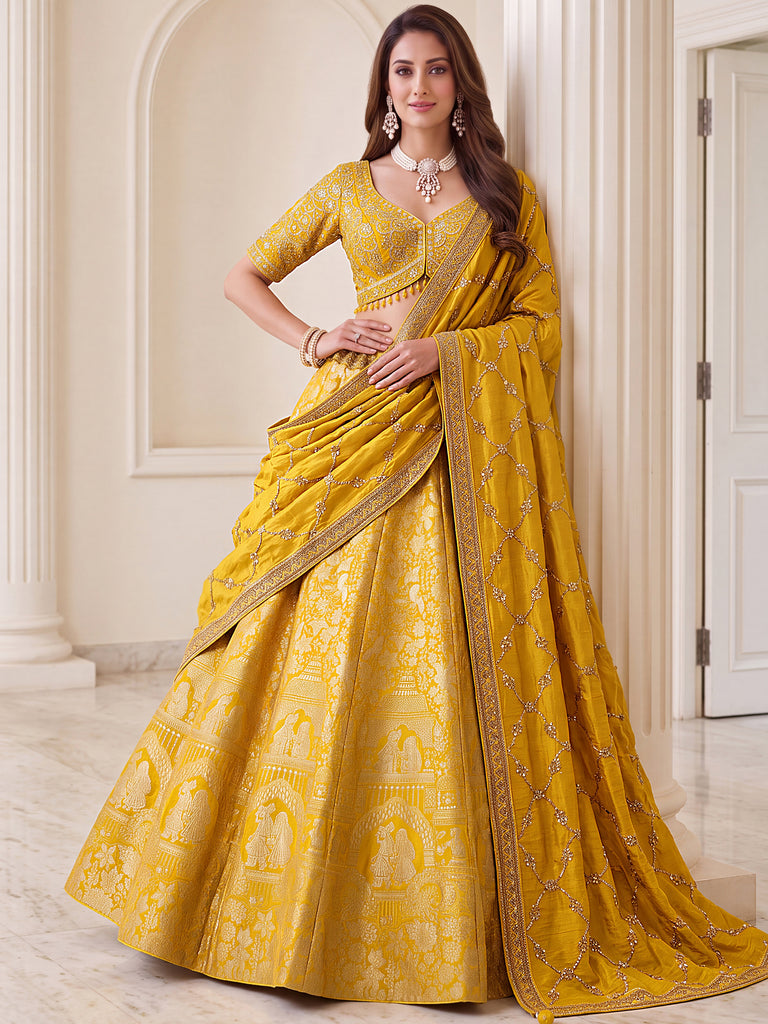 Elegant Yellow Zari Work Banarasi Silk Haldi Wear Lehenga With Blouse