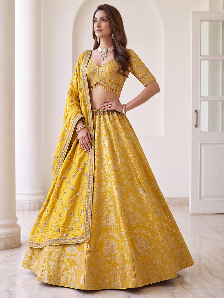 Elegant Yellow Zari Work Banarasi Silk Haldi Wear Lehenga With Blouse