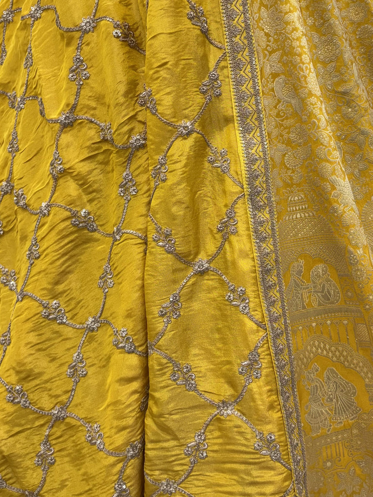 Elegant Yellow Zari Work Banarasi Silk Haldi Wear Lehenga With Blouse