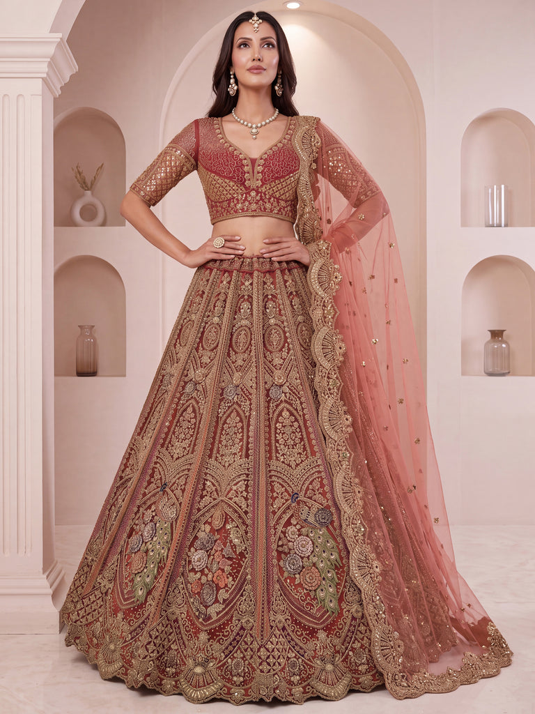 Regal Rust Pink Zircon Work Net Wedding Wear Lehenga With Blouse