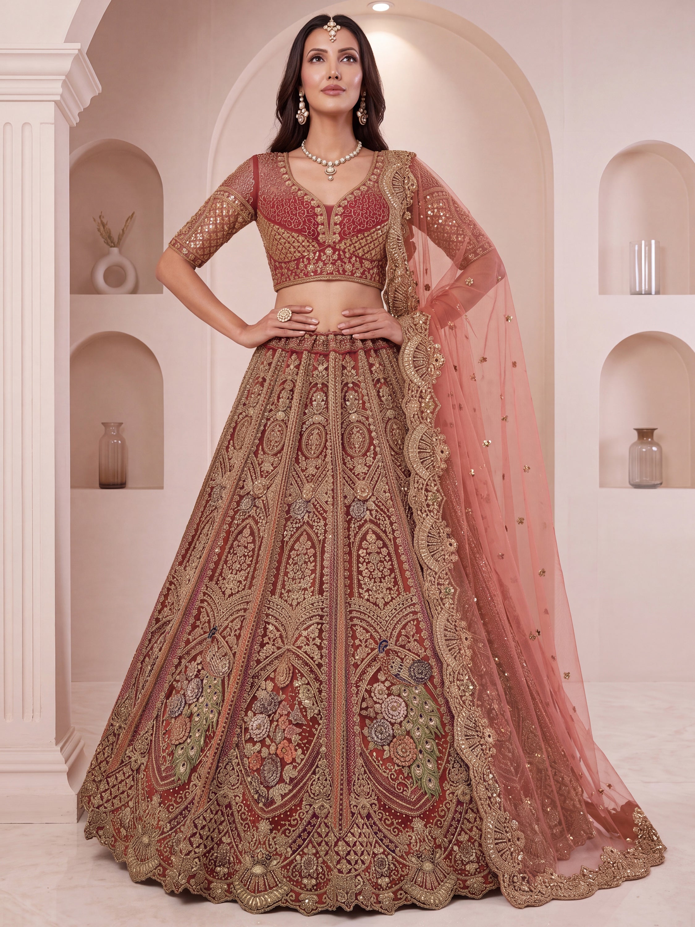 Regal Rust Pink Zircon Work Net Wedding Wear Lehenga With Blouse