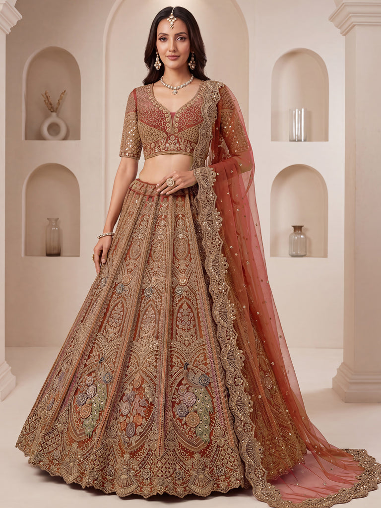 Regal Rust Pink Zircon Work Net Wedding Wear Lehenga With Blouse