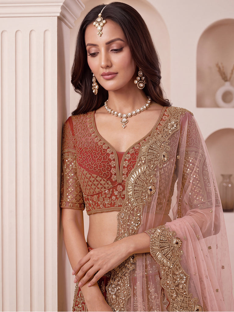 Regal Rust Pink Zircon Work Net Wedding Wear Lehenga With Blouse
