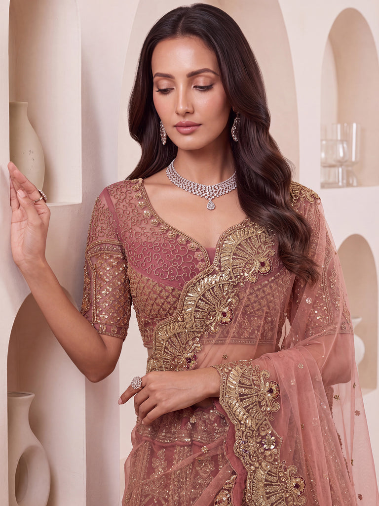 Lovely Dusty Mauve Thread Work Net Reception Wear Lehenga Choli