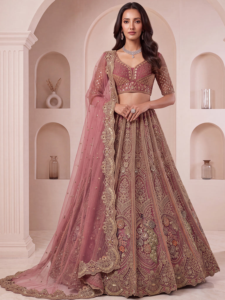 Lovely Dusty Mauve Thread Work Net Reception Wear Lehenga Choli
