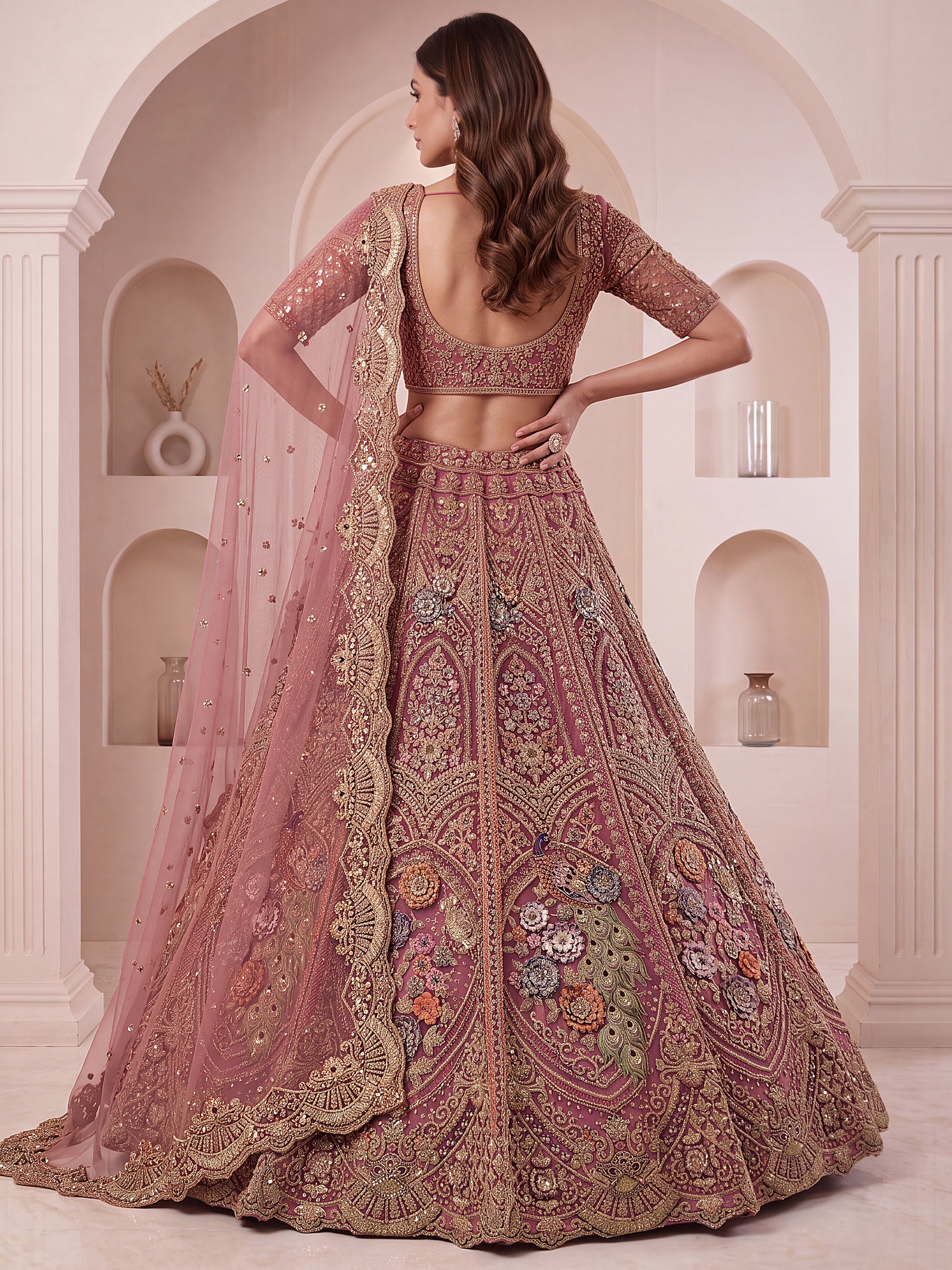 Lovely Dusty Mauve Thread Work Net Reception Wear Lehenga Choli