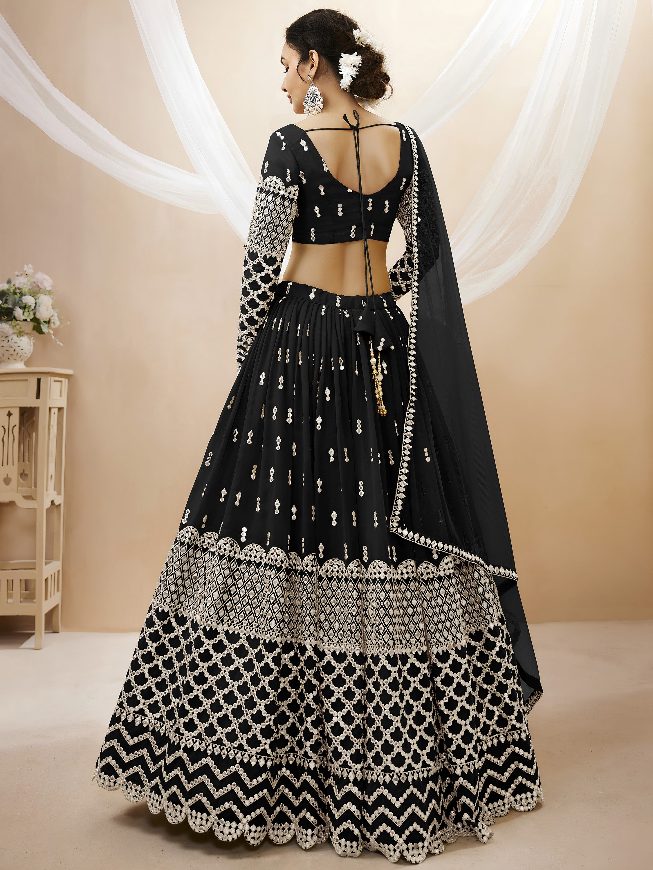 Stylish Black Mirror Work Georgette Party Wear Plus Size Lehenga Choli