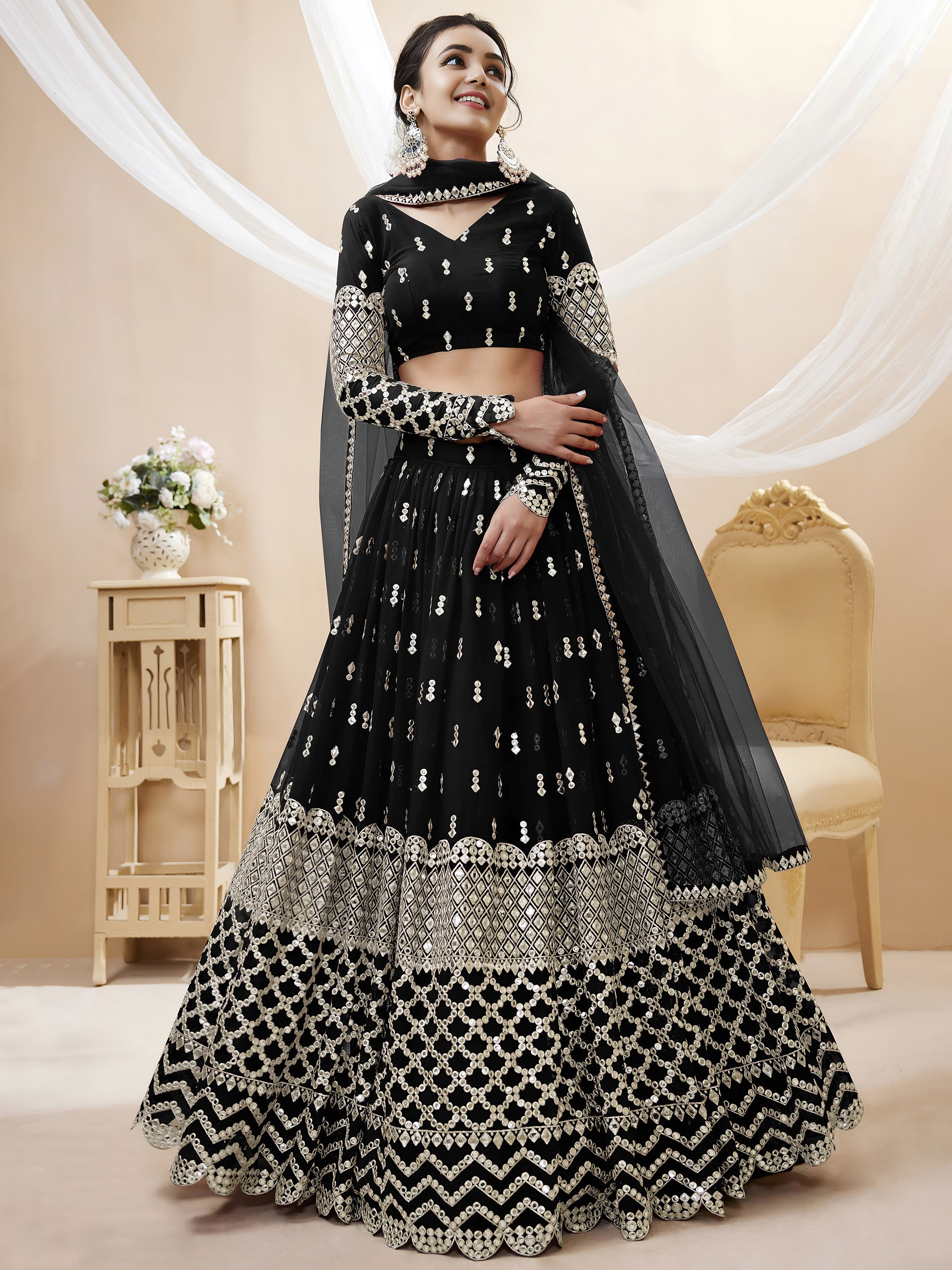 Stylish Black Mirror Work Georgette Party Wear Plus Size Lehenga Choli