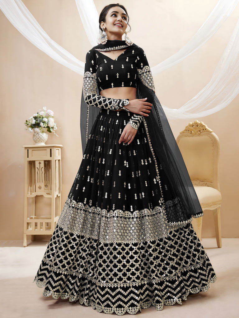 Stylish Black Mirror Work Georgette Party Wear Plus Size Lehenga Choli