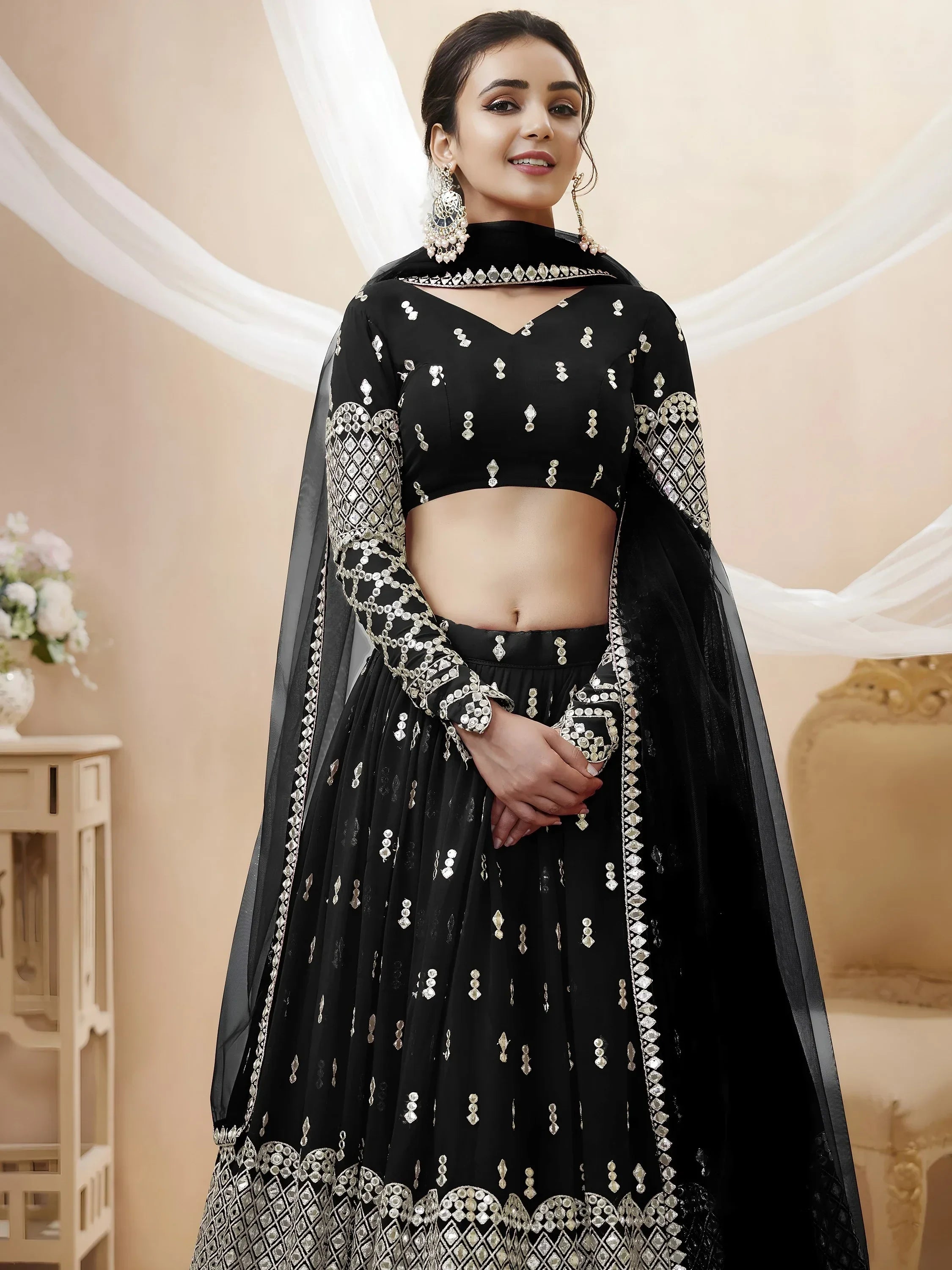 Seductive Black Zari Work Georgette Reception Wear Lehenga Choli