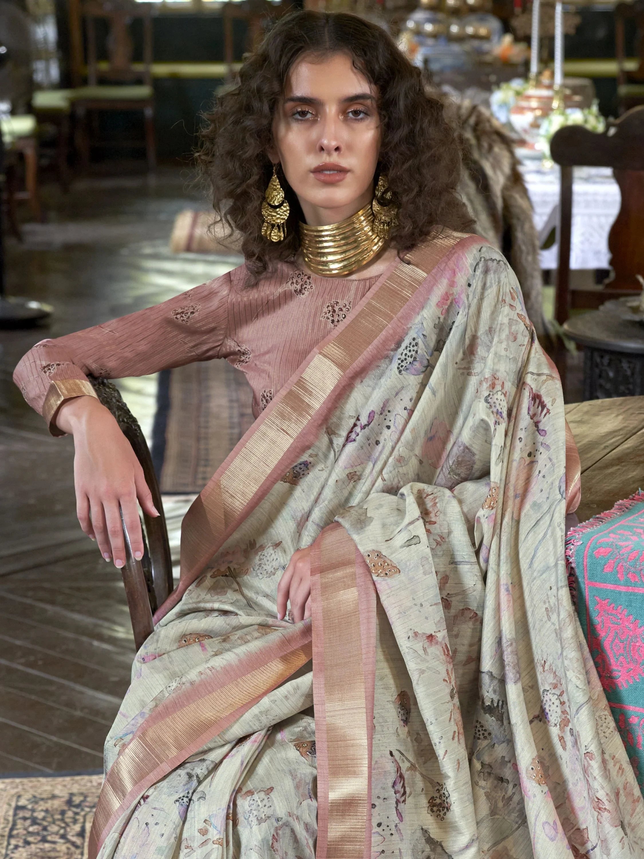 Beautiful Cream Printed Banarasi Silk Festival Wear Saree With Blouse