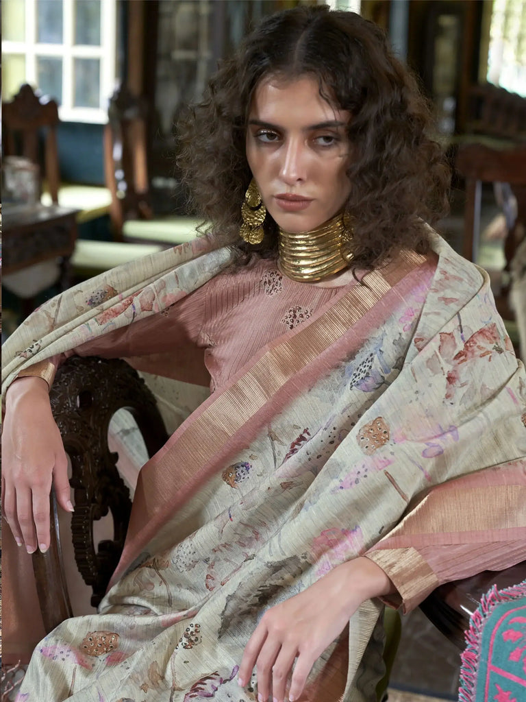 Beautiful Cream Printed Banarasi Silk Festival Wear Saree With Blouse