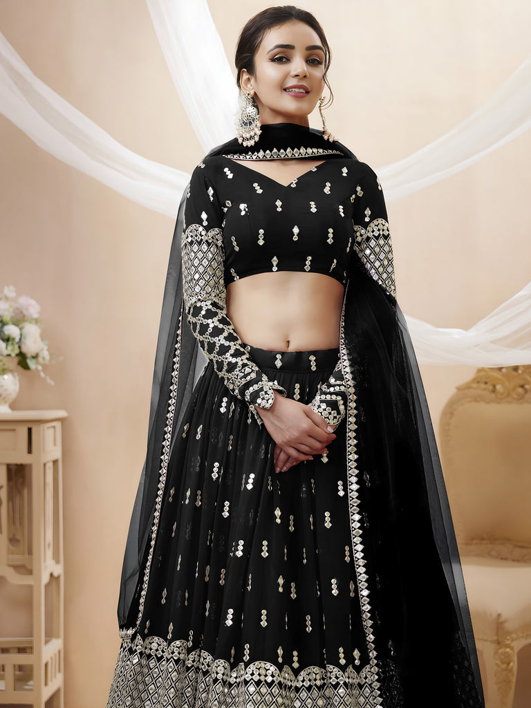 Stylish Black Mirror Work Georgette Party Wear Plus Size Lehenga Choli
