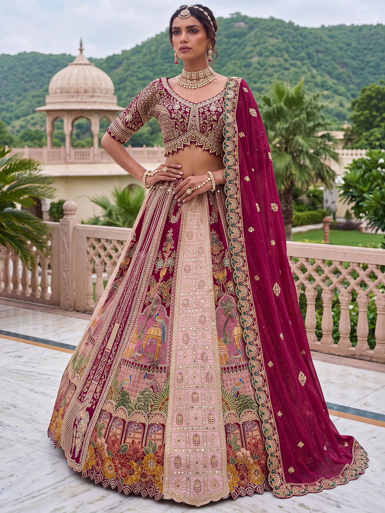 Exclusive Wine Dori Embroidery Banarasi Bridal Lehenga Choli With Dupatta